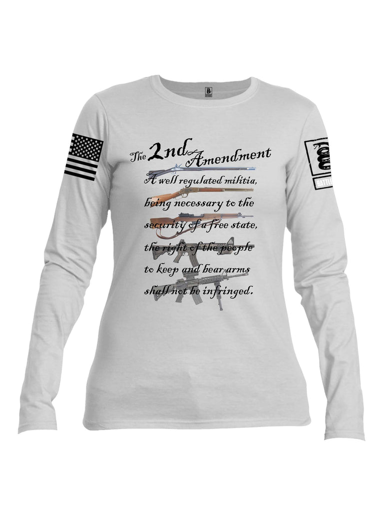 Battleraddle The 2nd Amendment Gun Evolution White Sleeve Print Womens Cotton Long Sleeve Crew Neck T Shirt