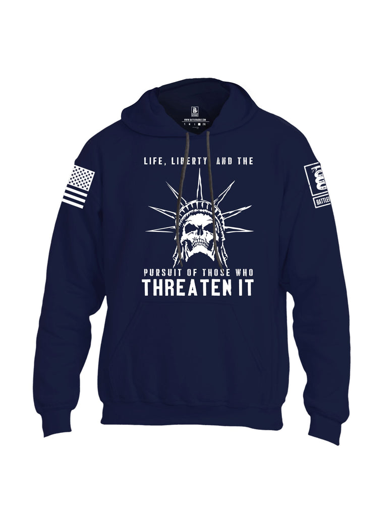 Battleraddle Life, Liberty, And The Pursuit Of Those Who Threaten It White Sleeves Uni Cotton Blended Hoodie With Pockets