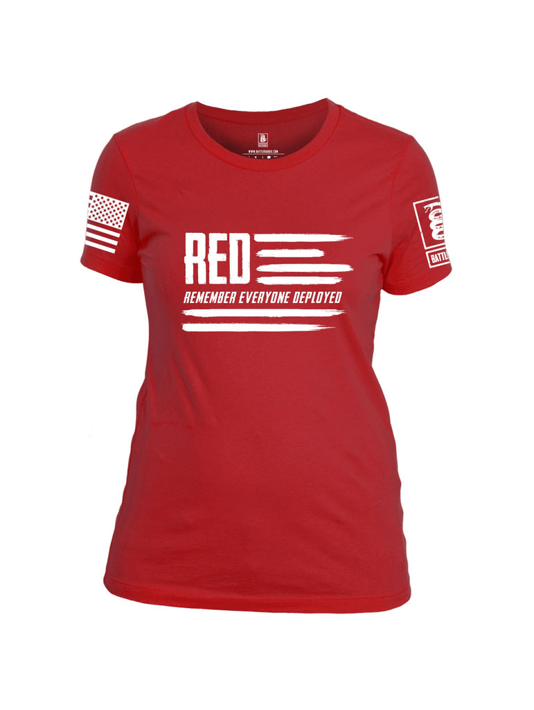 Battleraddle Red Remember Everyone Deployed Flag White Sleeves Women Cotton Crew Neck T-Shirt