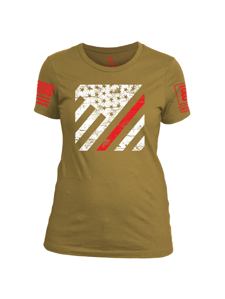 Battleraddle Vertical USA Flag Red Line Red Sleeve Print Womens Cotton Crew Neck T Shirt