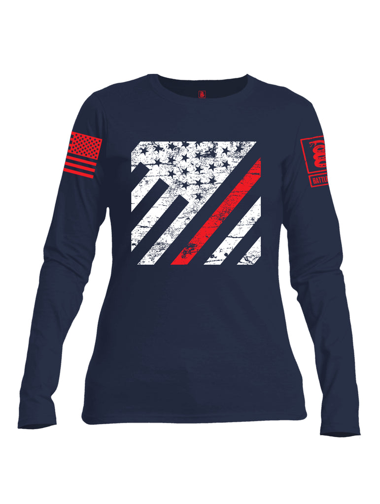 Battleraddle Vertical USA Flag Red Line Red Sleeve Print Womens Cotton Long Sleeve Crew Neck T Shirt