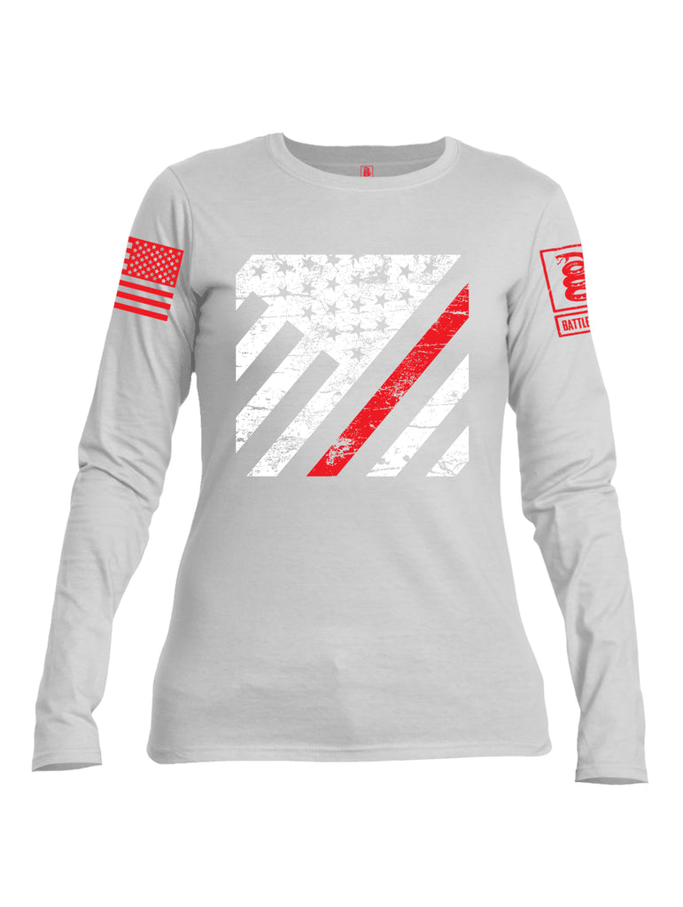 Battleraddle Vertical USA Flag Red Line Red Sleeve Print Womens Cotton Long Sleeve Crew Neck T Shirt