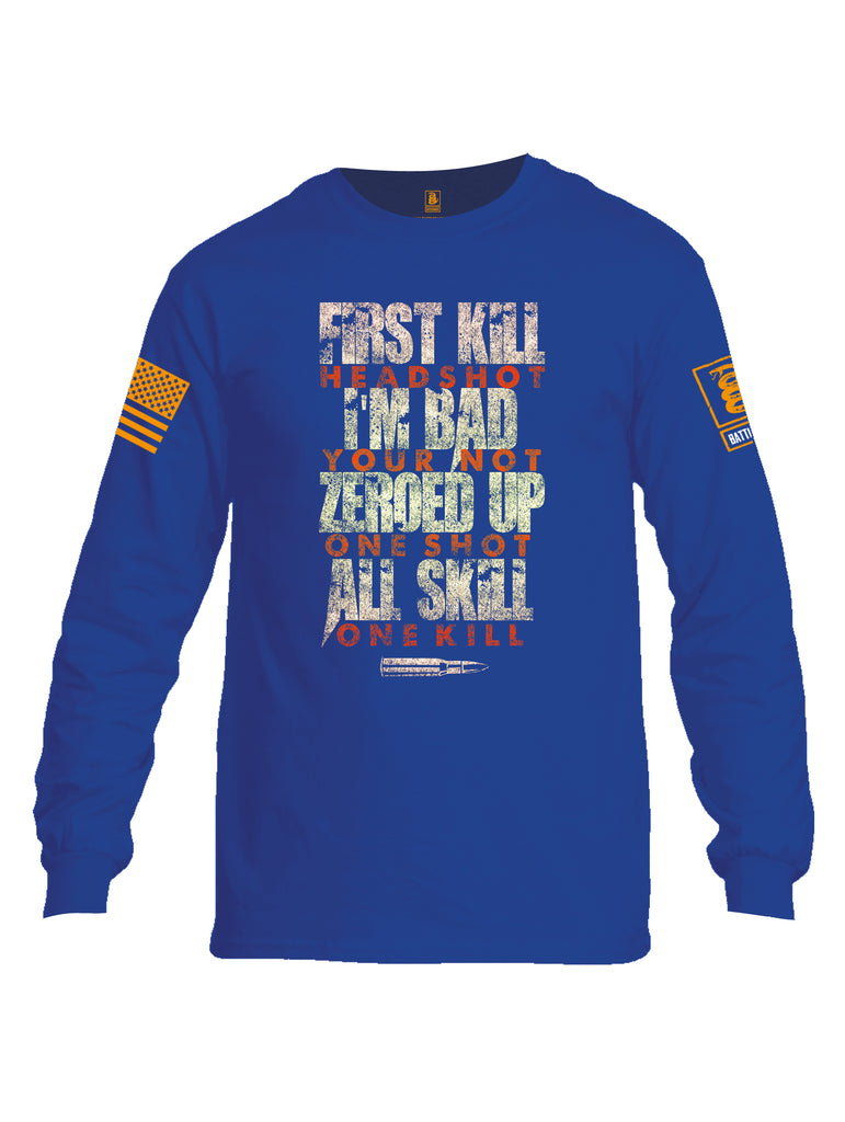 Battleraddle First Kill Head Shot Orange Sleeve Print Mens Cotton Long Sleeve Crew Neck T Shirt