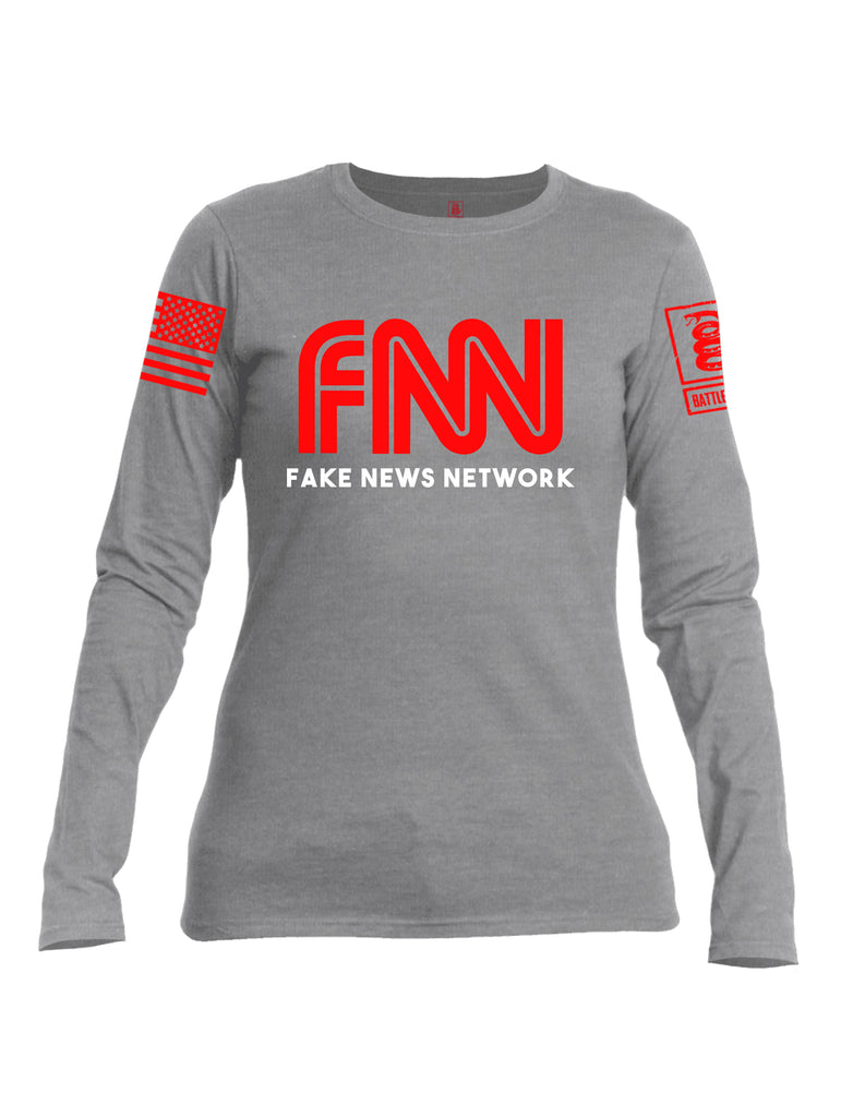 Battleraddle FNN Fake News Red Sleeve Print Womens Cotton Long Sleeve Crew Neck T Shirt