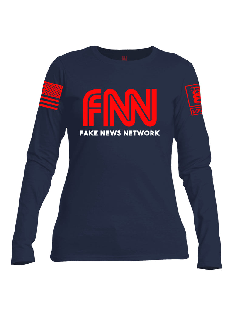 Battleraddle FNN Fake News Red Sleeve Print Womens Cotton Long Sleeve Crew Neck T Shirt