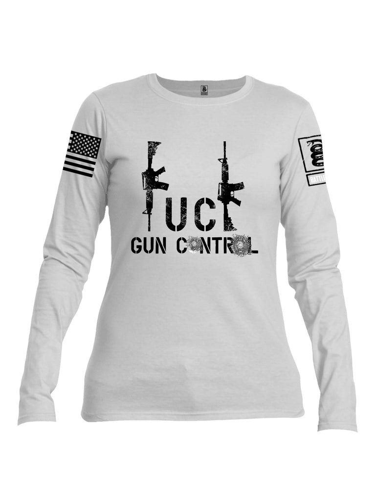 Battleraddle Fuck Gun Control Grey Sleeve Print Womens Cotton Long Sleeve Crew Neck T Shirt