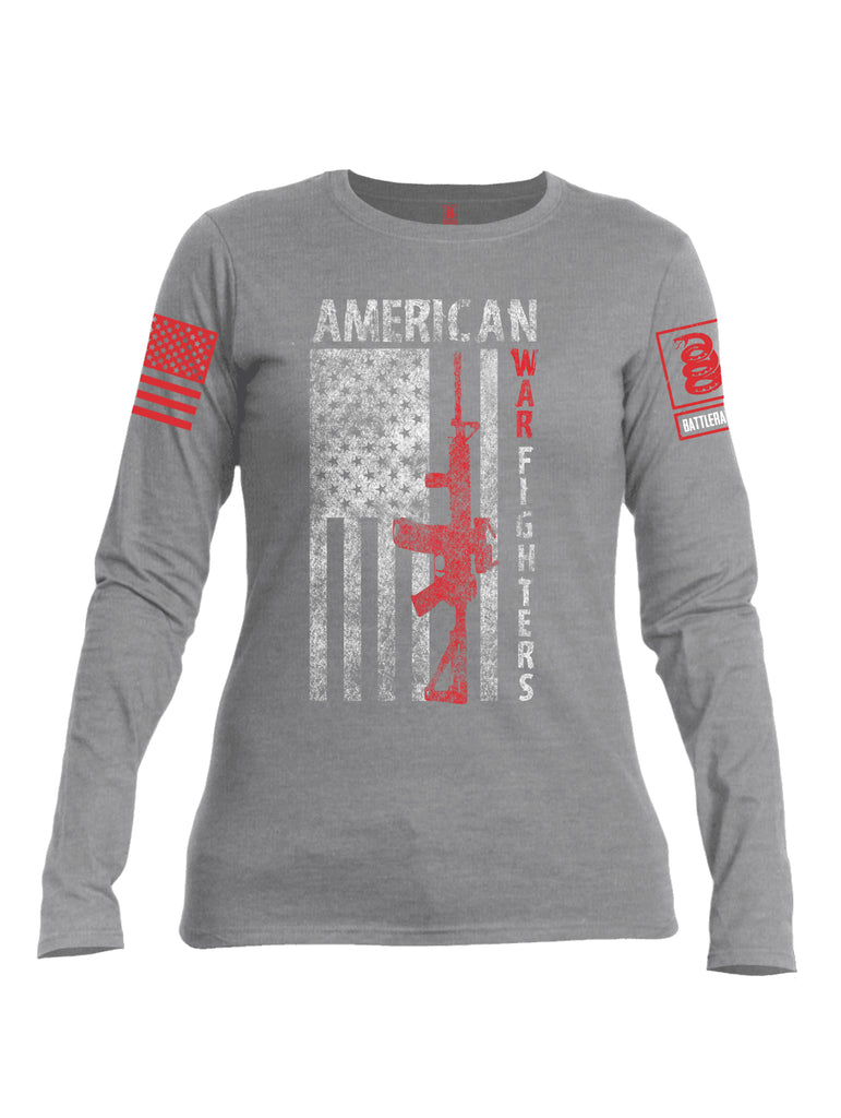 Battleraddle American War Fighters Red Sleeve Print Womens Cotton Long Sleeve Crew Neck T Shirt