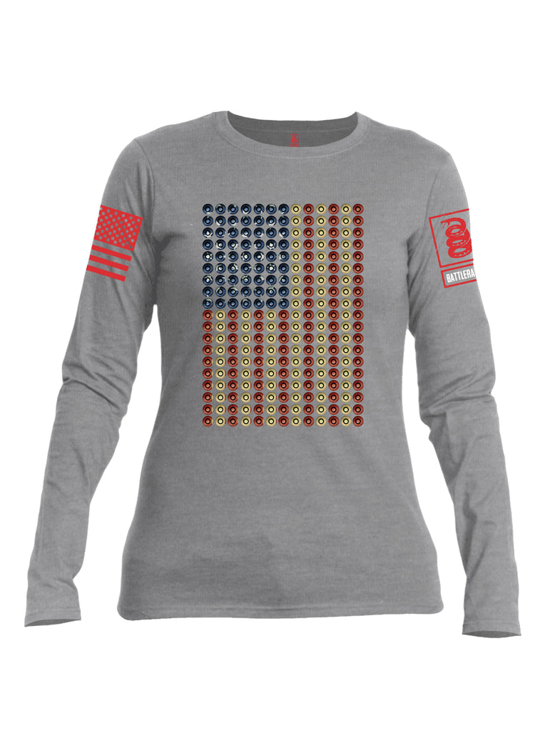 Battleraddle Bullet Casing USA Flag Red Sleeve Print Womens Cotton Long Sleeve Crew Neck T Shirt