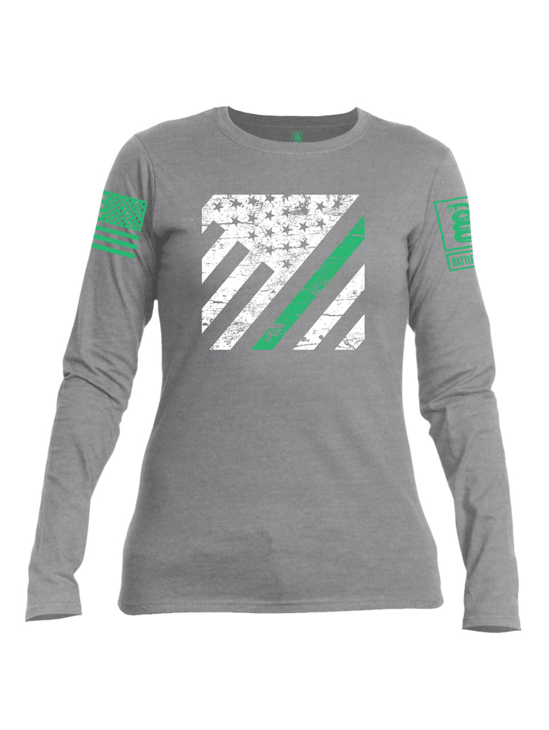 Battleraddle Vertical USA Flag Green Line Green Sleeve Print Womens Cotton Long Sleeve Crew Neck T Shirt