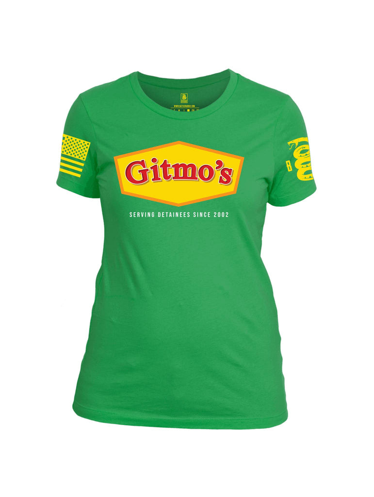 Battleraddle Gitmos Serving Detainess Since 2002 Yellow Sleeve Print Womens Cotton Crew Neck T Shirt