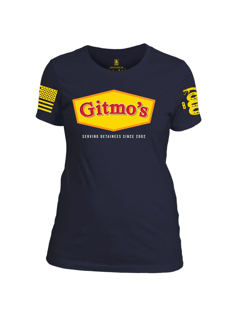 Battleraddle Gitmos Serving Detainess Since 2002 Yellow Sleeve Print Womens Cotton Crew Neck T Shirt
