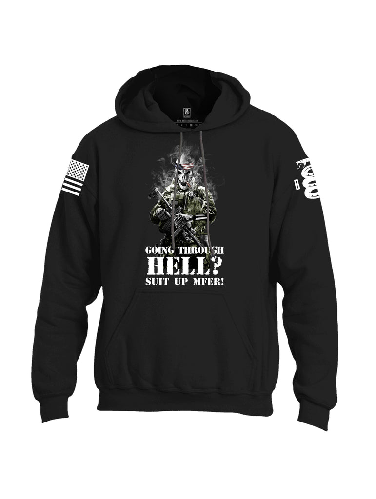 Battleraddle Going Through Hell? Suit Up MFER! White Sleeve Print Mens Blended Hoodie With Pockets