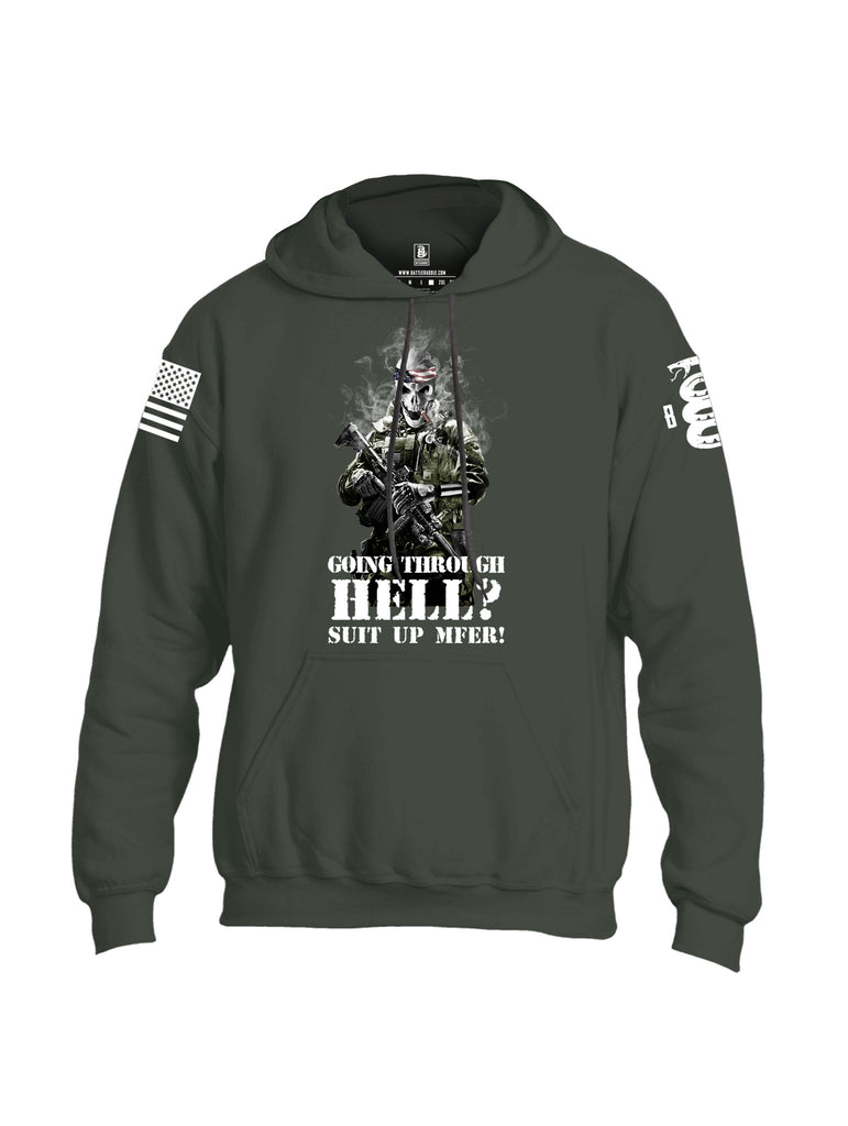Battleraddle Going Through Hell? Suit Up MFER! White Sleeve Print Mens Blended Hoodie With Pockets