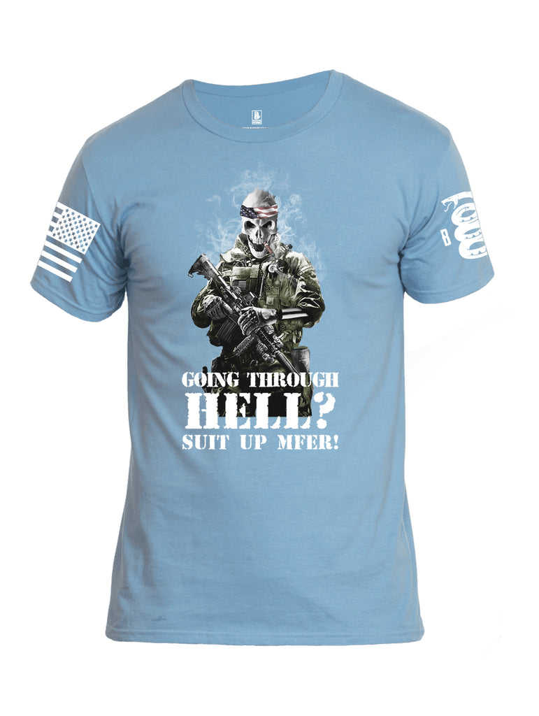 Battleraddle Going Through Hell? Suit Up MFER! White Sleeve Print Mens Cotton Crew Neck T Shirt