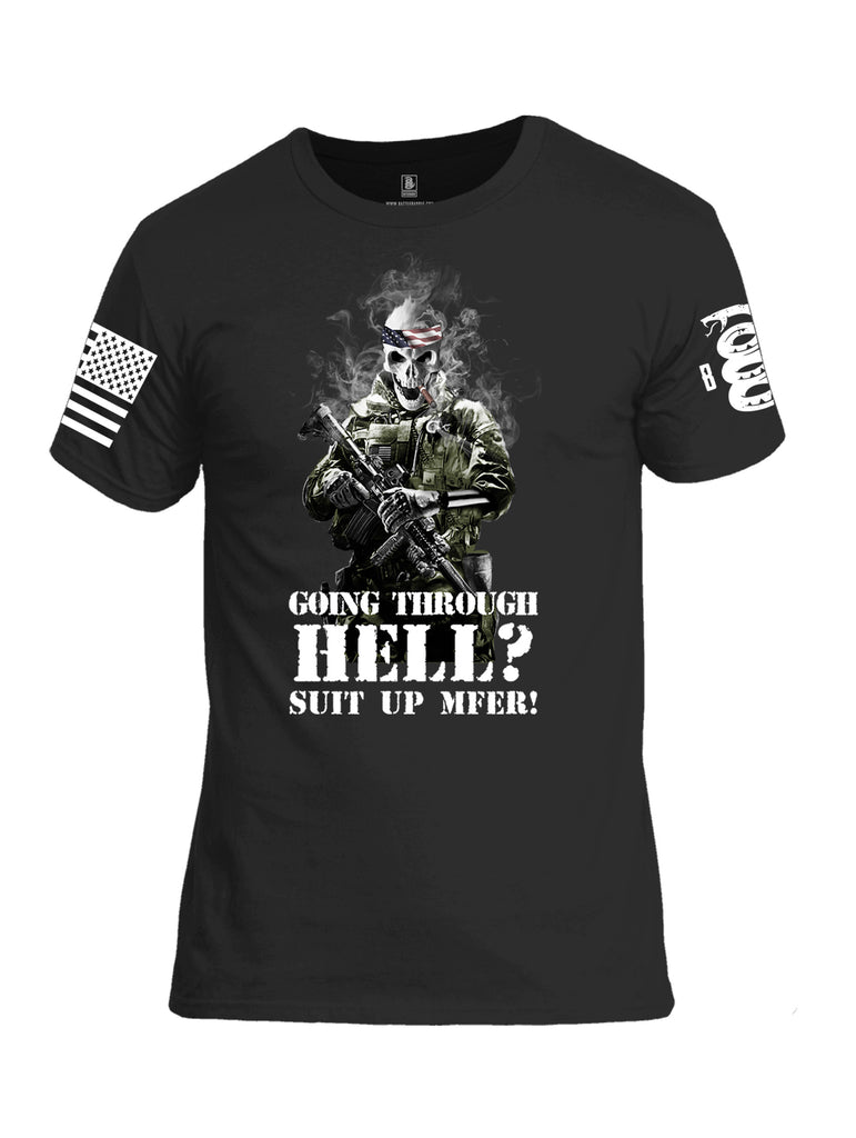 Battleraddle Going Through Hell? Suit Up MFER! White Sleeve Print Mens Cotton Crew Neck T Shirt