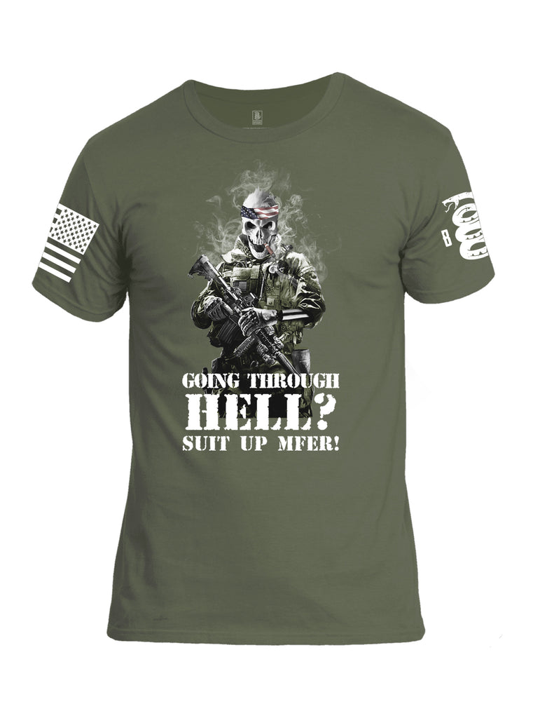 Battleraddle Going Through Hell? Suit Up MFER! White Sleeve Print Mens Cotton Crew Neck T Shirt