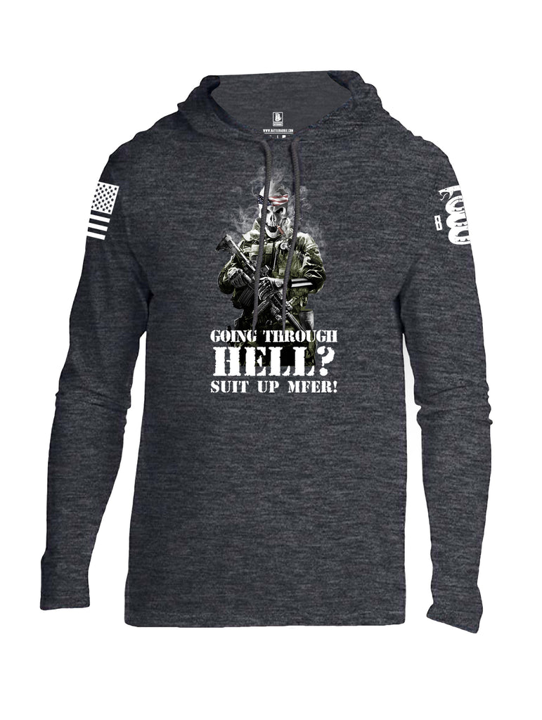 Battleraddle Going Through Hell? Suit Up MFER! White Sleeve Print Mens Thin Cotton Lightweight Hoodie