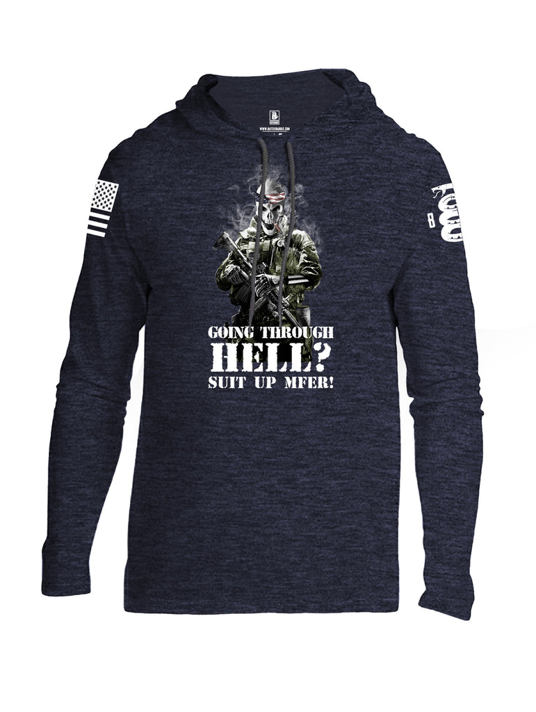 Battleraddle Going Through Hell? Suit Up MFER! White Sleeve Print Mens Thin Cotton Lightweight Hoodie