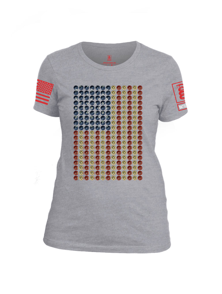 Battleraddle Bullet Casing USA Flag Red Sleeve Print Womens Cotton Crew Neck T Shirt