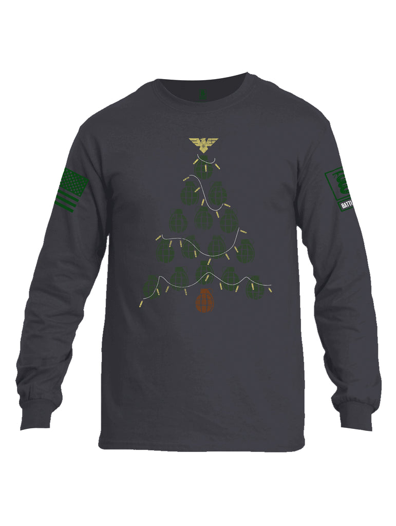 Battleraddle Christmas Greenery Grenade Tree Bomb Green Sleeve Print Mens Cotton Long Sleeve Crew Neck T Shirt
