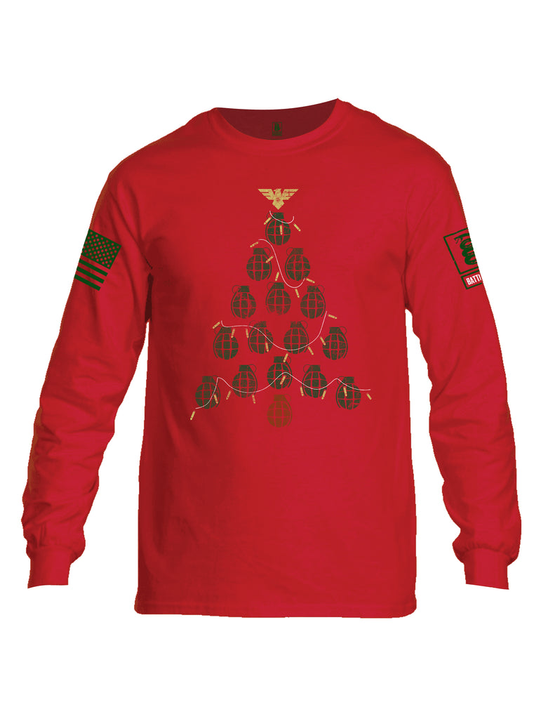 Battleraddle Christmas Greenery Grenade Tree Bomb Green Sleeve Print Mens Cotton Long Sleeve Crew Neck T Shirt