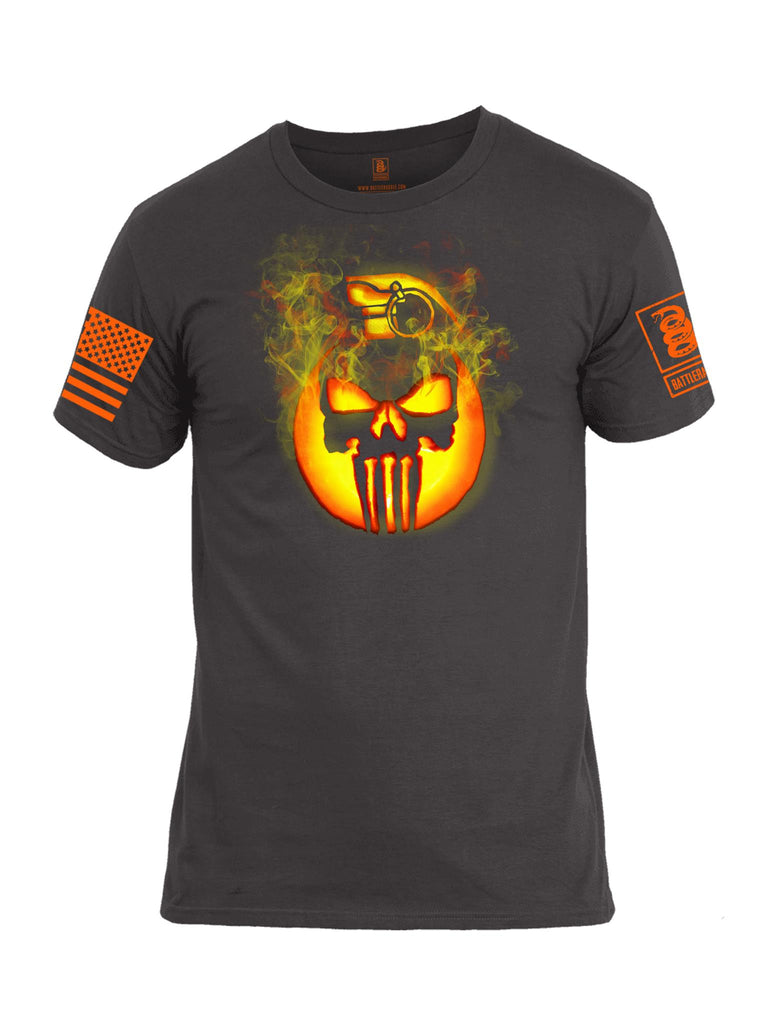 Battleraddle Expounder Skull Pumpkin Orange Sleeve Print Mens Cotton Crew Neck T Shirt