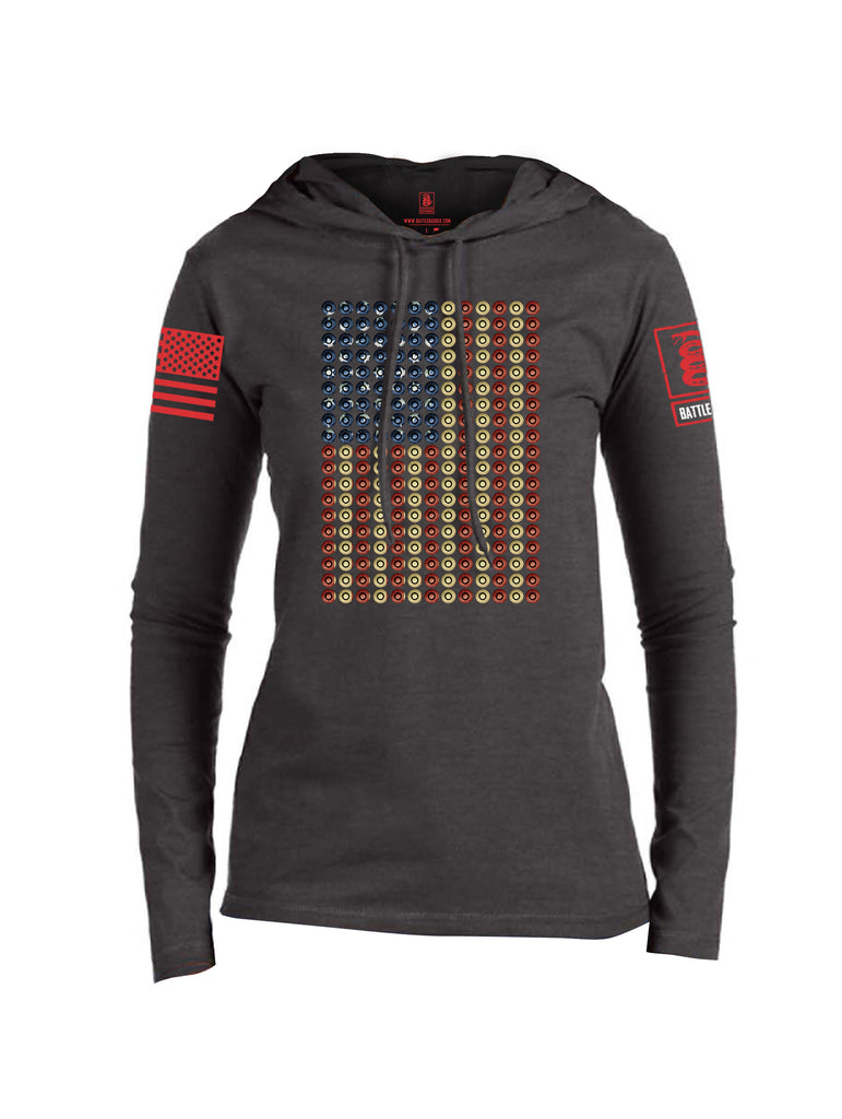 Battleraddle Bullet Casing USA Flag Red Sleeve Print Womens Thin Cotton Lightweight Hoodie