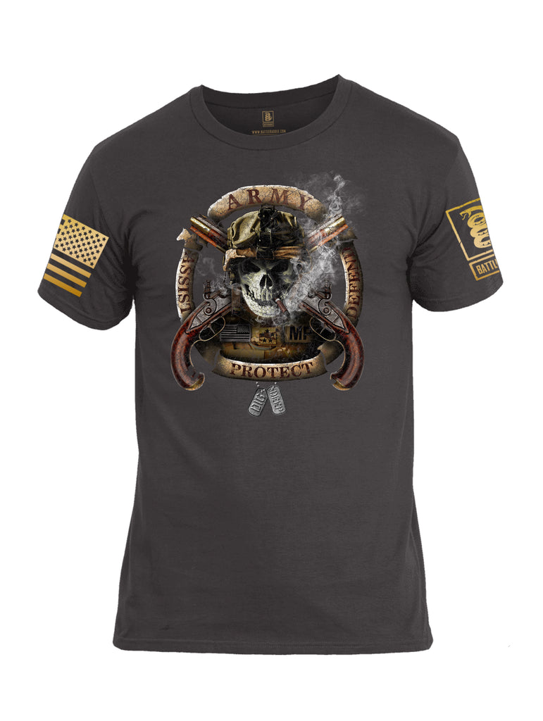 Battleraddle Army Assist Defend Protect Brass Sleeve Print Mens Cotton Crew Neck T Shirt - Battleraddle® LLC