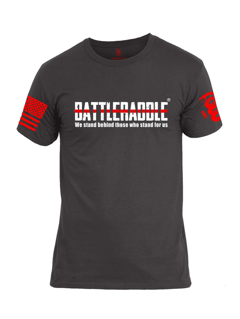 Battleraddle We Stand Behind Those Who Stand For Us Red Line Red Sleeve Print Mens Cotton Crew Neck T Shirt