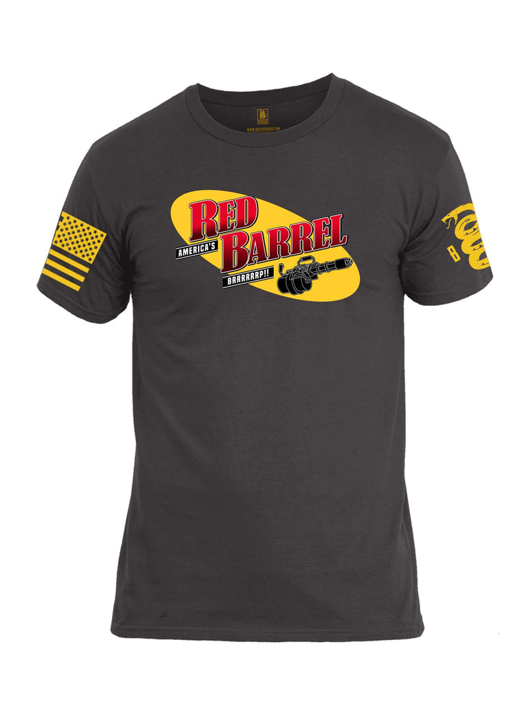 Battleraddle America's Red Barrel BRRRRRRP!! Yellow Sleeve Print Mens Cotton Crew Neck T Shirt - Battleraddle® LLC