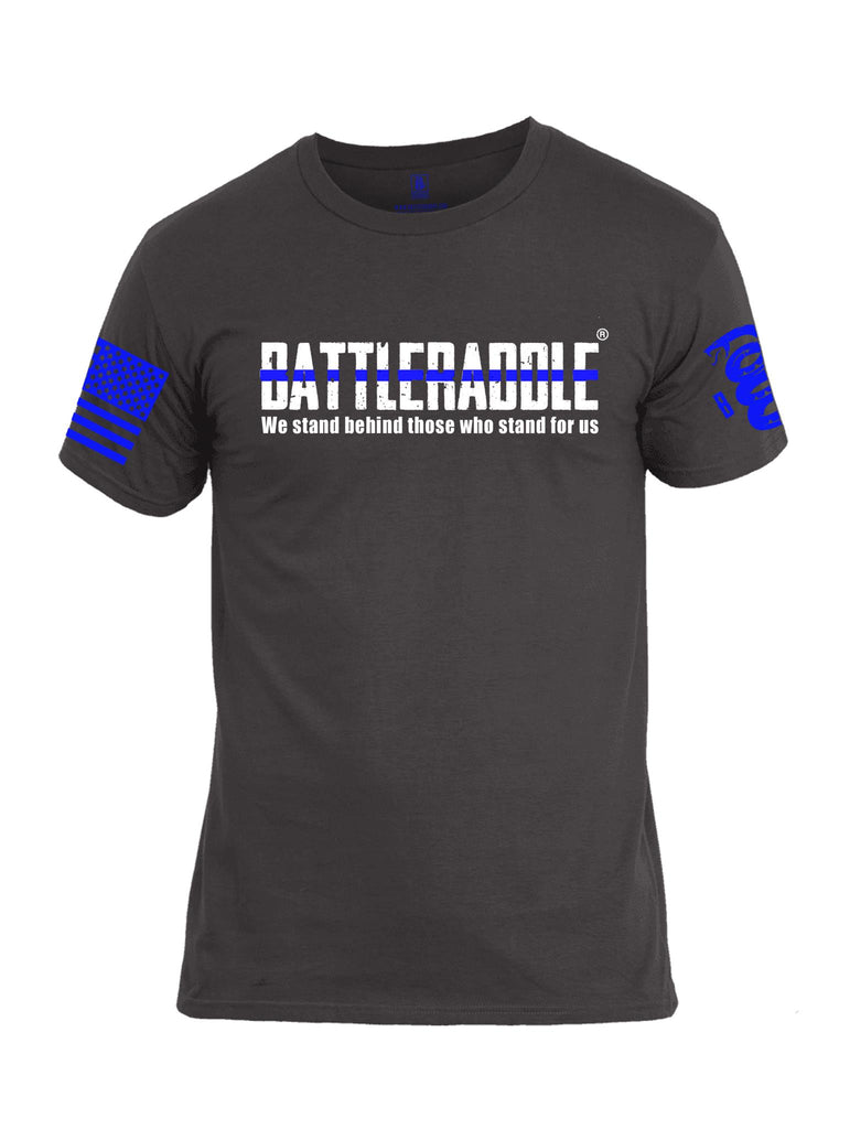 Battleraddle We Stand Behind Those Who Stand For Us Blue Line Blue Sleeve Print Mens Cotton Crew Neck T Shirt