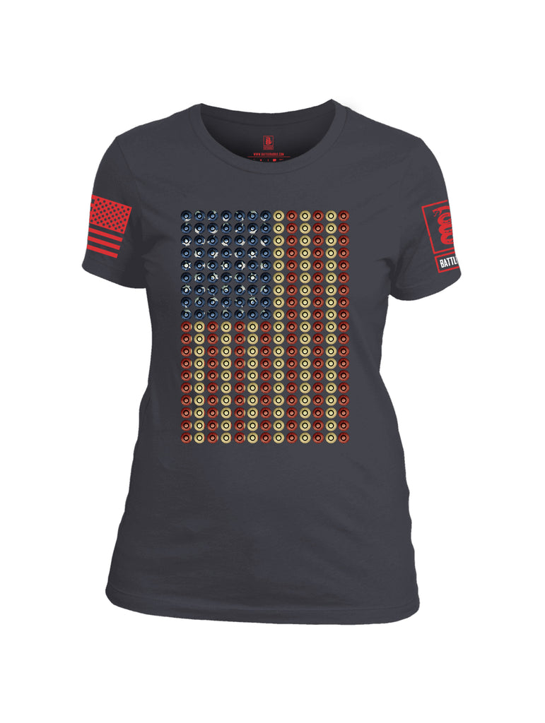 Battleraddle Bullet Casing USA Flag Red Sleeve Print Womens Cotton Crew Neck T Shirt