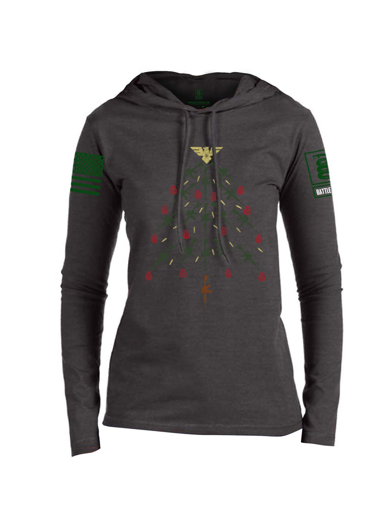 Battleraddle Christmas Rifle Tree Bomb Green Sleeve Print Womens Thin Cotton Lightweight Hoodie