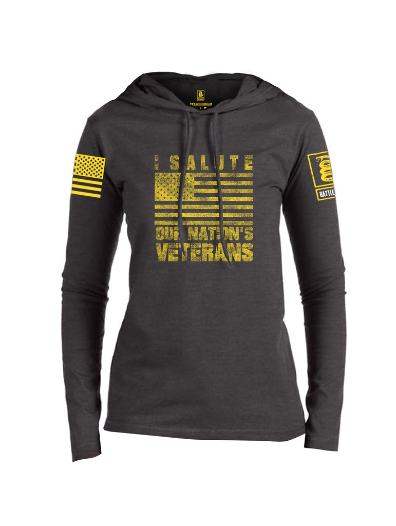 Battleraddle I Salute Our Nation's Veterans Yellow Sleeve Print Womens Thin Cotton Lightweight Hoodie
