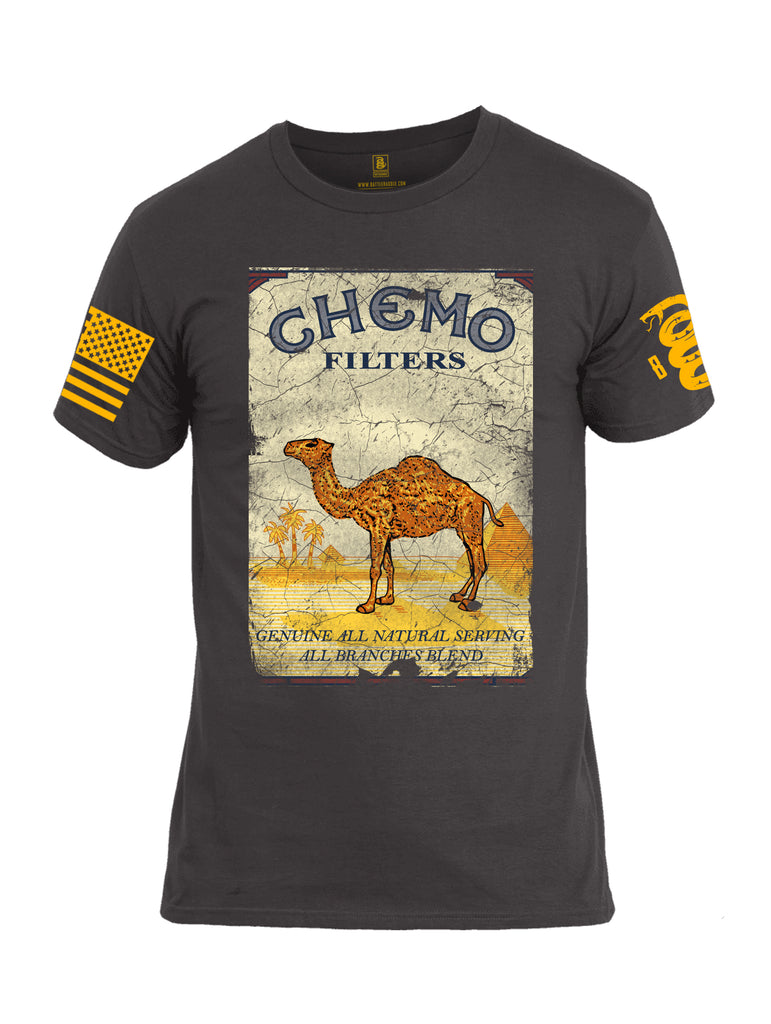 Battleraddle Chemo Filters Genuine All Natural Serving All Branches Blend Yellow Sleeve Print Mens Cotton Crew Neck T Shirt - Battleraddle® LLC