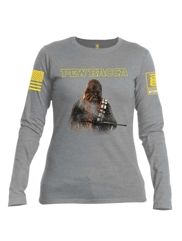 Battleraddle Pew Bacca Yellow Sleeve Print Womens Cotton Long Sleeve Crew Neck T Shirt