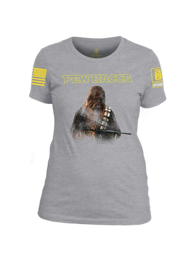 Battleraddle Pew Bacca Yellow Sleeve Print Womens Cotton Crew Neck T Shirt shirt|custom|veterans|Apparel-Womens T Shirt-cotton