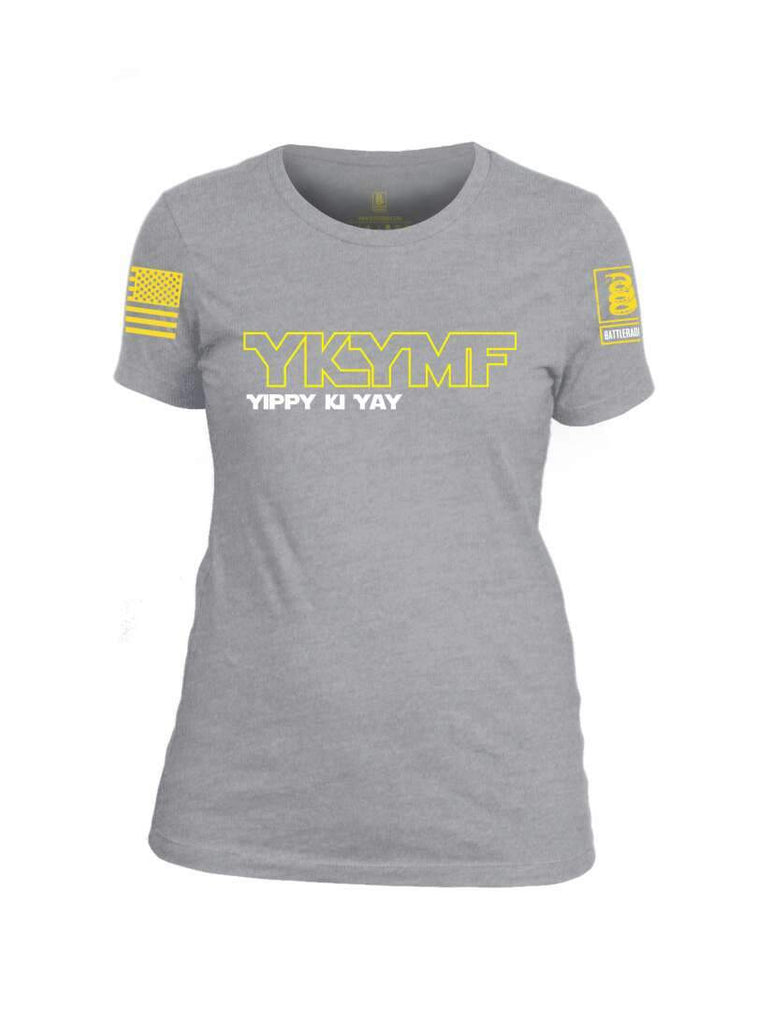 Battleraddle YKYMF Yippy Ki Yay Yellow Sleeve Print Womens Cotton Crew Neck T Shirt shirt|custom|veterans|Apparel-Womens T Shirt-cotton