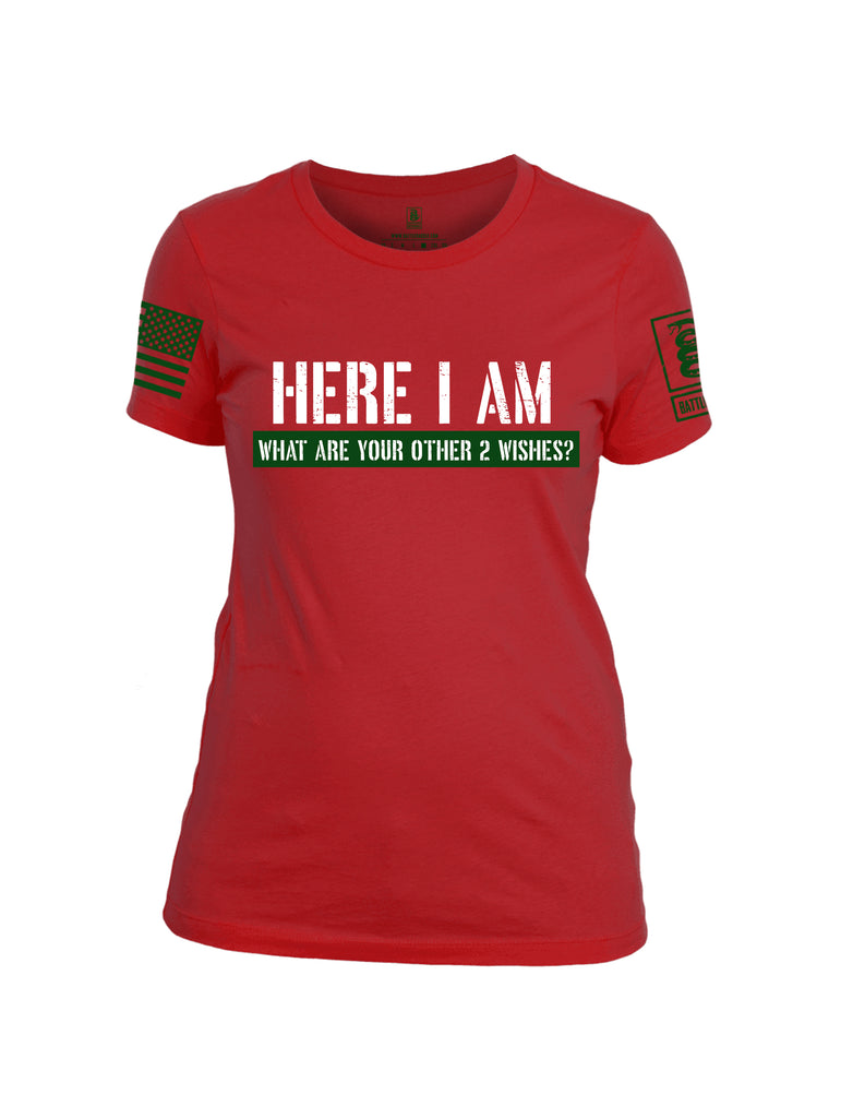 Battleraddle Here I Am What Are Your Other 2 Wishes? Dark Green Sleeve Print Womens Cotton Crew Neck T Shirt
