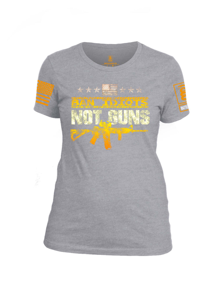 Battleraddle Ban Idiots Not Guns Orange Sleeve Print Womens Cotton Crew Neck T Shirt