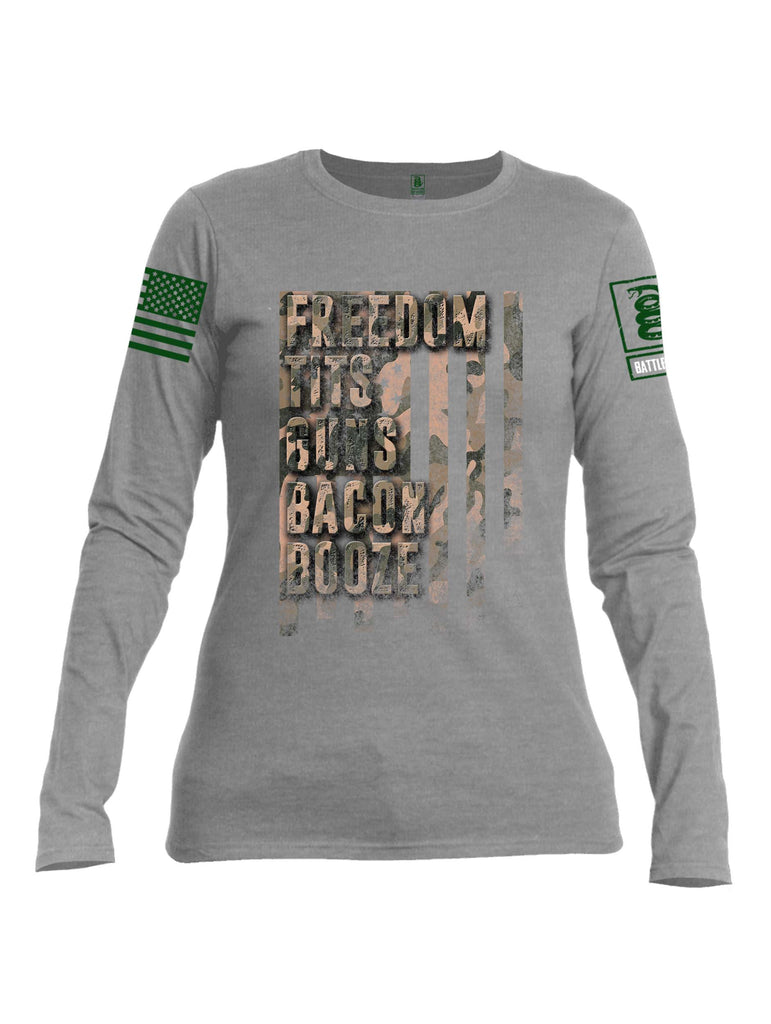 Battleraddle Freedom Tits Guns Bacon Booze Green Sleeve Print Womens Cotton Long Sleeve Crew Neck T Shirt