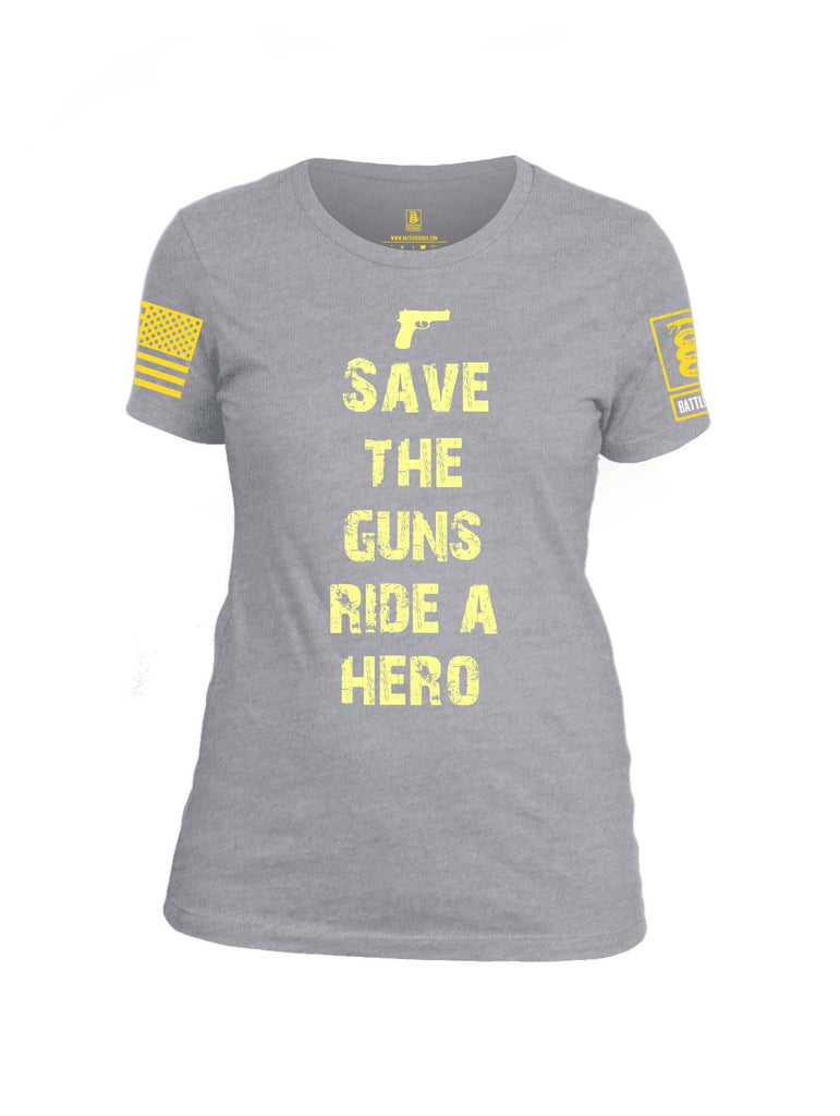 Battleraddle Save The Guns Ride A Hero Yellow Sleeve Print Womens Cotton Crew Neck T Shirt shirt|custom|veterans|Apparel-Womens T Shirt-cotton