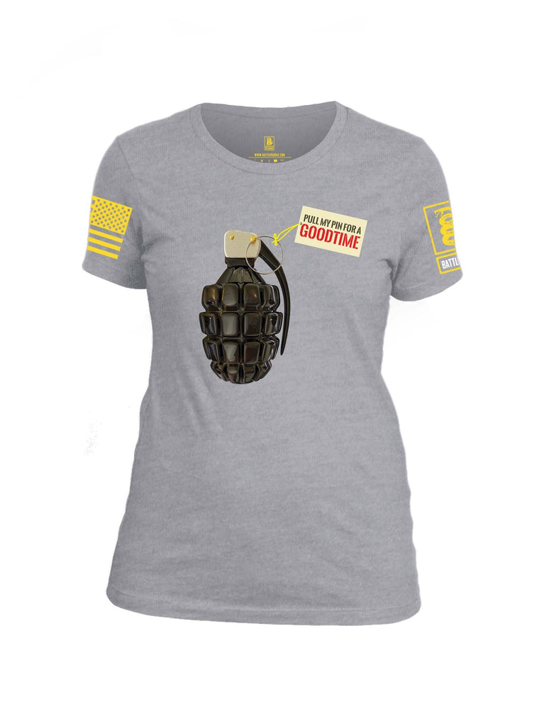 Battleraddle Pull My Pin For A Goodtime Yellow Sleeve Print Womens Cotton Crew Neck T Shirt shirt|custom|veterans|Apparel-Womens T Shirt-cotton