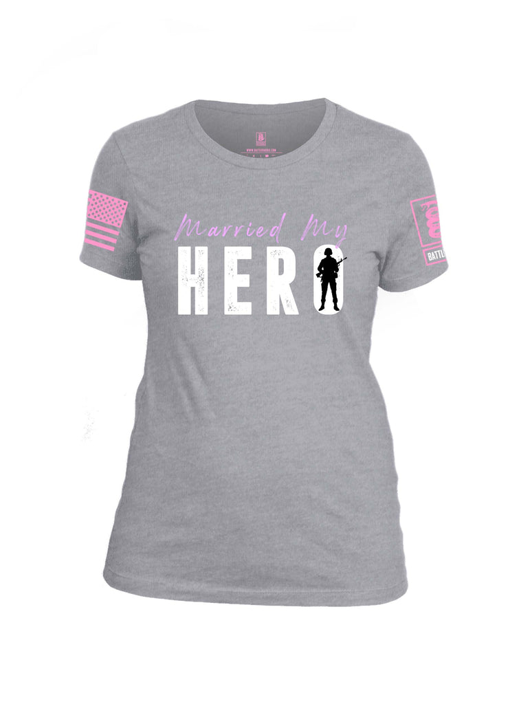 Battleraddle Married My Hero Pink Sleeve Print Womens Cotton Crew Neck T Shirt