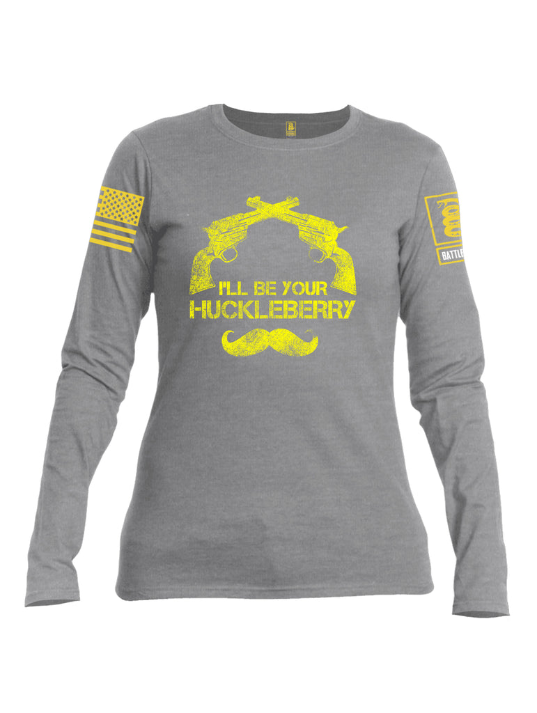 Battleraddle I'll Be Your Huckleberry Yellow Sleeve Print Womens Cotton Long Sleeve Crew Neck T Shirt