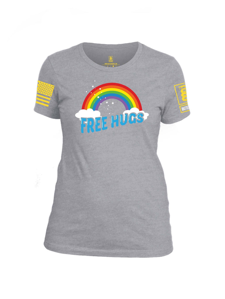Battleraddle Rainbow Free Hugs Yellow Sleeve Print Womens Cotton Crew Neck T Shirt shirt|custom|veterans|Apparel-Womens T Shirt-cotton