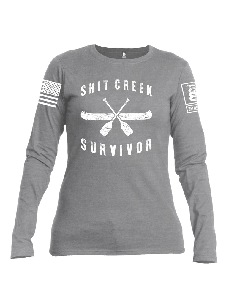 Battleraddle Shit Creek Survivor White Sleeve Print Womens Cotton Long Sleeve Crew Neck T Shirt