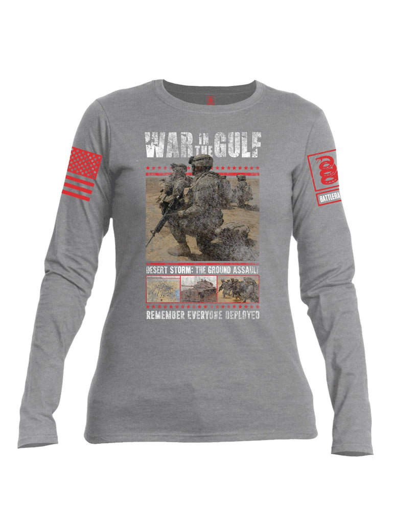 Battleraddle War In The Gulf Desert Storm The Ground Assault Remember Everyone Deployed Red Sleeve Print Womens Cotton Long Sleeve Crew Neck T Shirt shirt|custom|veterans|Women-Long Sleeves Crewneck Shirt