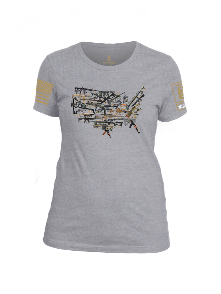 Battleraddle USA Rifle Land Brass Sleeve Print Womens Cotton Crew Neck T Shirt