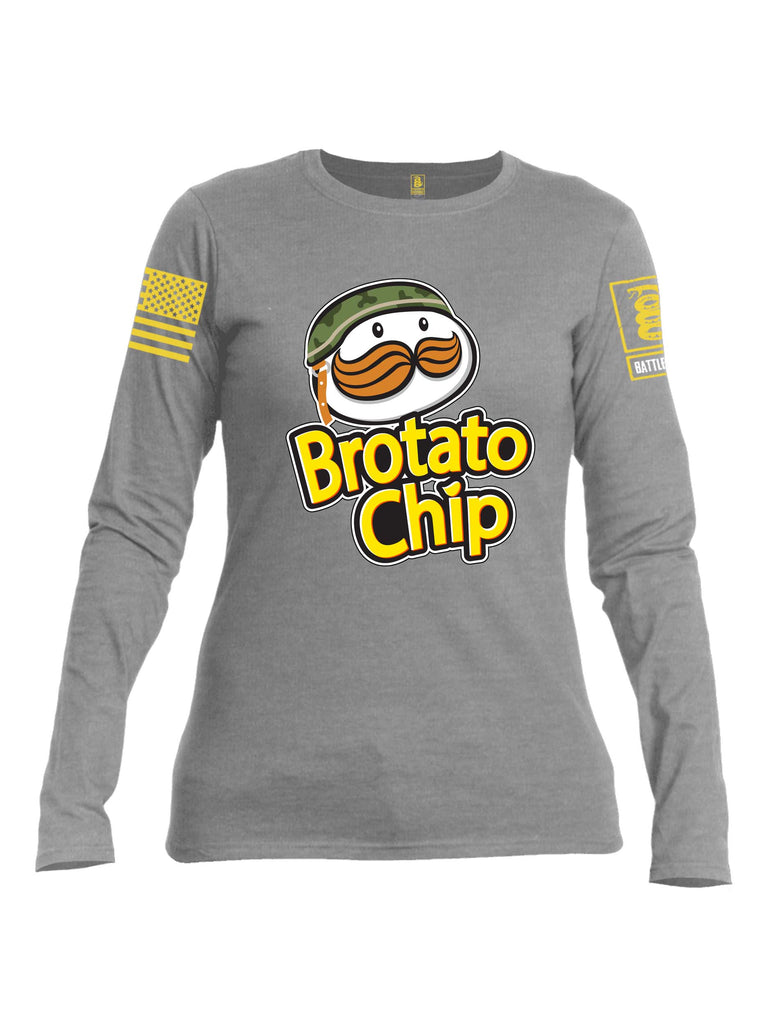 Battleraddle Brotato Chip Yellow Sleeve Print Womens Cotton Long Sleeve Crew Neck T Shirt